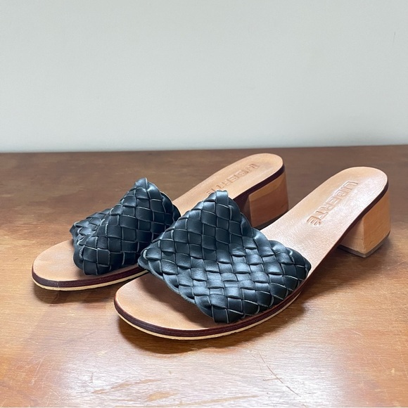Coastal Summer Black Woven Slide Wooden Block Heel Leather Mules Liberté - Picture 4 of 14